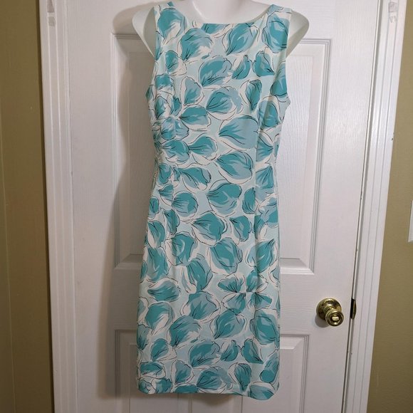 Ann Taylor Sea Blue White Petal Print Faux Wrap Sleeveless Midi Dress - size MP - Picture 2 of 10